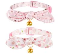 Ptwola 2 collares de gato separables con campana, collar ajustable de algodón para gatito, suave, lindo, rosa, extraíble, collar de lazo para niña, mascota y gato