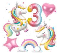PtyPop 6 Unicornio Decoración Cumpleaños Infantil Niña 3 4 5 6 Años con Globos Unicornio, 3D de Pie Globo Unicornio, Globos Arcoíris Corazon, Unicornios Decoracion Cumpleaños Niña (3 Años)