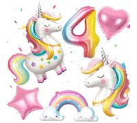 PtyPop 6 Unicornio Decoración Cumpleaños Infantil Niña 3 4 5 6 Años con Globos Unicornio, 3D de Pie Globo Unicornio, Globos Arcoíris Corazon, Unicornios Decoracion Cumpleaños Niña (4 Años)
