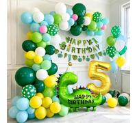 PtyPop Dinosaurio Decoración Cumpleaños Infantil Niño 3 4 5 Años con Verde Guirnalda de Globos & XXL Globo de Aluminio & Banner de Happy Birthday, Dino Decoracion Fiesta Cumpleaños Niño (5 Años)