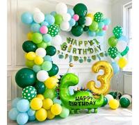 PtyPop Dinosaurio Decoración Cumpleaños Infantil Niño 3 4 5 Años con Verde Guirnalda de Globos & XXL Globo de Aluminio & Banner de Happy Birthday, Dino Decoracion Fiesta Cumpleaños Niño (3 Años)