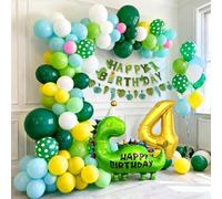 PtyPop Dinosaurio Decoración Cumpleaños Infantil Niño 3 4 5 Años con Verde Guirnalda de Globos & XXL Globo de Aluminio & Banner de Happy Birthday, Dino Decoracion Fiesta Cumpleaños Niño (4 Años)