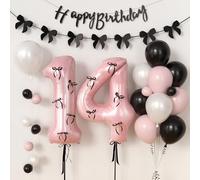 PtyPop Lazo Decoracion Cumpleaños Niña 13 14 16 18 Años, Globos Blancos y Rosas y Negros & Guirnalda Lazo Negro & Globo Numero & Happy Birthday Decoracion para Fiesta de Cumpleaños Niña (14 Años)