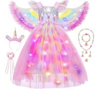 PtyPop Luminosa Disfraz Princesa Unicornio Niña, Disfraz Unicornio con Diadema Unicornio Varita Magica LED Alas Collar Set, Regalo Niña para Cumpleaños Carnaval Halloween Navidad Cosplay (110cm)