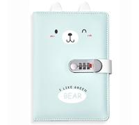 PU Leather Password Notebook, A5 Cute Cartoon Diary with Lock, Journal with Combination Lock(Green Bear)