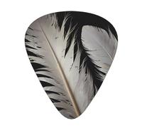 Púas de guitarra con ilustración de plumas blancas en tres grosores diferentes, adecuadas para guitarras eléctricas y guitarristas de banda
