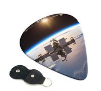 Púas de guitarra con imagen de la estación espacial internacional, paquete de 6 con soporte de cuero para púas de guitarra, llavero, bolsa para llavero de púa, púa de arte abstracto para guitarra