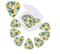 Púas de guitarra de colores brillantes y camuflaje amarillo, paquete de 12 púas de celuloide de diferentes grosores con caja de almacenamiento de púas de guitarra, púa de guitarra personalizada para
