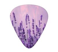 Púas de guitarra estampadas con lavanda púrpura romántica, paquete de 12 púas en caja. Producen un sonido claro para ukelele, guitarra eléctrica, acústica y bajo (0,46 0,71 0,96 mm).