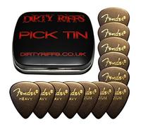 Púas de guitarra Fender Classic de celuloide, 12 púas negras - 4 de cada tamaño en una práctica lata - 4 x finas, 4 x medianas, 4 x pesadas - estilo 351 por Dirty Riffs