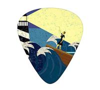 Púas de guitarra Lighthouse, paquete de 12 púas universales de guitarra ABS, obra de arte abstracta grunge de una mujer misteriosa en un mar, para guitarra acústica y eléctrica, azul oscuro, amarillo