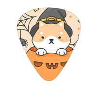 Púas de guitarra, lindo perro Shiba Inu en una calabaza con vela y araña para guitarra acústica, guitarra eléctrica, bajo, ukelele de tres tamaños (paquete de 12)