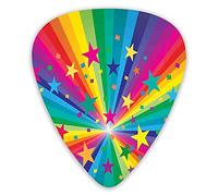 Púas de guitarra, paquete de 12 con caja delgada, arcoíris abstracto y estrellas, rayos de confeti a rayas que celebran el tema Happy Times, juego especial de regalo para guitarristas