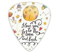 Púas de guitarra, paquete de 12 con caja delgada, elementos celestiales de estilo romántico de dibujos animados con el lema I Love You To The Moon And Back, juego de regalo especial para guitarrista