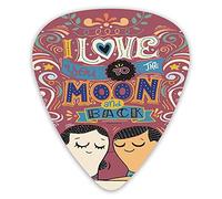 Púas de guitarra, paquete de 12 con caja delgada, I Love You To The Moon And Back, cita dibujada a mano con una pareja romántica, juego de regalo especial para guitarrista