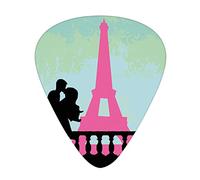 Púas de guitarra, paquete de 12 con caja delgada, pareja en París besándose cerca del amor, día de San Valentín dibujado a mano, juego de regalo especial para guitarrista, espuma de mar, rosa y negro