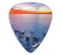 Púas de guitarra, paquete de 12 púas universales de guitarra ABS, horizonte del amanecer sobre las olas del mar, agua suave y tranquila, foto de viaje imaginaria para guitarra acústica y eléctrica