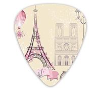 Púas de guitarra, paquete de 12 púas universales de guitarra ABS, símbolos florales de París, monumentos de la Torre Eiffel, globo aerostático, bicicleta, pareja romántica para guitarra acústica y elé