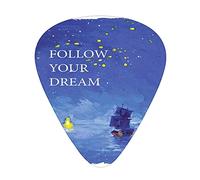 Púas de guitarra para velero, paquete de 12 con caja delgada, sigue tu texto barco navegando a través del mar hacia el faro, juego de regalo especial para guitarrista, azul cobalto y amarillo
