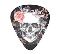 Púas de guitarra Skull And Flowers Day Of The Dead para bajo eléctrico acústico y ukelele (paquete de 12 incluye caja de púas de plástico delgadas, medianas y pesadas)