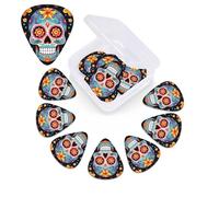 Púas de guitarra Sugar Skulls, paquete de 12, con estuche organizador, 3 grosores diferentes, incluye púas finas, medianas y pesadas.