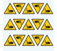 Pubblimania Adhesivo de peligro de mano 15 etiquetas de PVC flexibles para interior y exterior 5 x 4,5 cm (15 manos aplastadas)