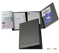 Pubblimania Portadocumentos para coche o moto, cierre de 3 puertas + portatarjetas, fabricado en Italia, para documentos, tarjetas, seguros, sellos o documentos de viaje (negro carbono)