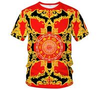 PUBDSKBLDE Camiseta estampada dorada brillante para hombre, diseño de adornos dorados, estampado floral, negro/rojo, S
