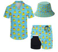 PUBDSKBLDE Conjuntos de camisa y pantalones cortos hawaianos para hombre con camisa de playa y sombreros de pescador, Pato, S