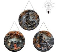 Pubyfun/Glosrity/Sherum/Fanyil/Olygee Witching Hour, Halloween Witch Wreath, Halloween Decor, Halloween Decorated Doorplate, Witch Circular Sign Hanging Decoration (3pcs-A,11.8 * 11.8 * 0.118in)