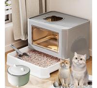 Pucaru Mueble Arenero Gatos con Cajón Cubierto, Arenero Gato de Lados Altos con Pala, Bandejas de Arenero Gato, con Bote de Basura, Entrada y Salida Gratis(Grey)
