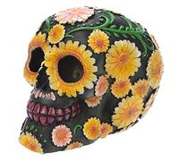 Puckator Decoración de calavera con motivos florales, polirresina, amarillo, verde, rosa, negro, 15 x 10,5 x 11,5 cm, resina, multicolor, 11,5 cm de alto x 10,5 cm de ancho x 15 cm de profundidad