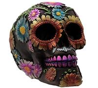 Puckator - Figura Decorativa de Calavera con Flores metálicas del Día de los Muertos, Resina Artificial, Multicolor, 11,5 cm de Altura x 10 cm de Ancho x 14 cm de Profundidad