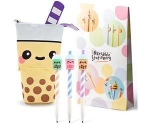 Puckator Foodiemals Boba Bubble Tea - Juego de estuche y portaminas, organizador de escritorio con diseños de personajes, paquete de 3 diseños de lápices + estuche de lona