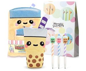 Puckator Foodiemals Boba Bubble Tea - Juego de papelería | Cuaderno de felpa con bolsa, estuche desplegable y lápices mecánicos | Suministros de papelería estilo kawaii
