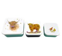 Puckator Jan Pashley Highland Coo Cow,Juego de 3 fiambreras para almacenamiento de aperitivos M/L/XL,Lonchera con múltiples compartimentos,Fiambrera para adultos y niños,Fiambrera para niñas y niños