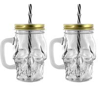 Puckator JAR29 Tarro de Calavera con Pajita y Tapa metálica, Transparente/Negro/Blanco/Dorado 11 x 9 x 14 cm (Paquete de 2)