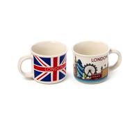 Puckator Juego de 2 tazas de café de porcelana con diseño de Londres con iconos del Reino Unido, aptas para microondas, en caja de regalo