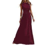 PUDANA Vestido De Vacaciones con Cuello Redondo para Mujer Vestido Largo Informal Sin Mangas Vestido De Verano De Una Línea De Color Sólido Vino Rojo L