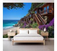 Pueblo costero casas de madera papel pintado no tejido 3D 500 x 280 cm pared foto pared, paisaje natural papel pintado panorámico pared para salón TV sofá tema hotel pasillo fondo pintado