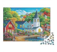 Pueblo costero e Iglesia Blanca Rompecabezas para Adultos |Estilo Retro Americano| 1000pcs (75x50cm) Juegos EduGatoivos De Decoración del Hogar