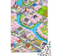 Pueblo Cuento Hadas Rompecabezas Bloque Cerezo Pixel 3 Capas Cartón 1000 PC, Imposible Duro, Entrenamiento Lógico,Regalo Coleccionista Familiar 38x26cm/1000pcs