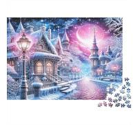 Pueblo de fantasía Invernal, 100% cartón Reciclado, casa de Campo Invernal con Luna Rosa, Rompecabezas de 1000 Piezas, Rompecabezas para Adultos, Juegos educativos clásicos, 70 x 50 cm / 1000 Piezas