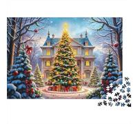 Pueblo del árbol de Navidad Rompecabezas 1000 Piezas para Adultos, Cartón Reciclado Premium Resistente,Red Truck Barn Xmas Decoración Mural Hogareña, Reto Mental, Juego Cerebral 70x50cm/1000pcs