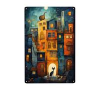 Pueblo Encantado del Crepúsculo: Gato Místico Y Casas Iluminadas por La Luna Cartel De Chapa Decoración Pared Muestra Placa Vintage Pintura De Hojalata Placa para Baño Salón Pub 20X30Cm