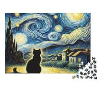 Pueblo Estrellado, Rompecabezas de 1000 Piezas de estimulación Mental para Adultos, Gato Negro, Noche Estrellada, Pueblo, Acogedor, Premium Resistente, desafiante, Alivio del estrés, 70x50cm/1000pzas