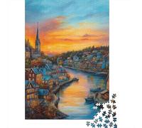 Pueblo Europeo Junto al Río Puzzle de 1000 Piezas Papel para Adultos Paisaje al Atardecer Juego de Puzzle 1000 Piezas Decoración Relajante Regalo 70x50cm/1000pcs