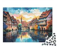 Pueblo Europeo Junto al Río Puzzle de 1000 Piezas Papel para Adultos Paisaje Colorido Agua Juego de Puzzle 1000 Piezas Relajación Hogar Regalo 52x38cm/1000pcs