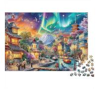 Pueblo Fantasía Puzzle Adultos 1000 Piezas Ciudad Japonesa Aurora Boreal Monte Fuji Premium Grueso Vibrante Desafiante Alivio Estrés Juego Familiar 38x26cm