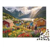 Pueblo Fiordo Noruega Puzzle 1000 Piezas Material Reciclable Flores Silvestres Alpinas Puzzles Adultos Accesorios Tiempo Juego Familiar Interesante Juego Familiar Hogar 70x50cm/1000pcs